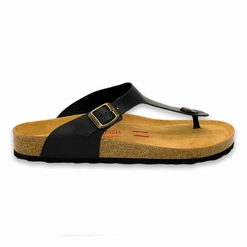 Rockfish Lochlan Leather Thong Cork Flatform Flip Flop Men\'s Sandals Black | TMS2719IM